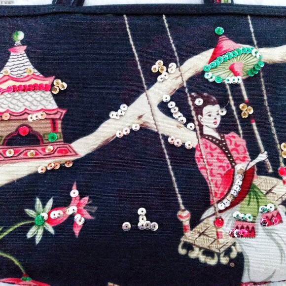 💮2/$50💮 Vintage Canvas Japanese-Inspired Sequin Handbag / Purse - Picture 3 of 3